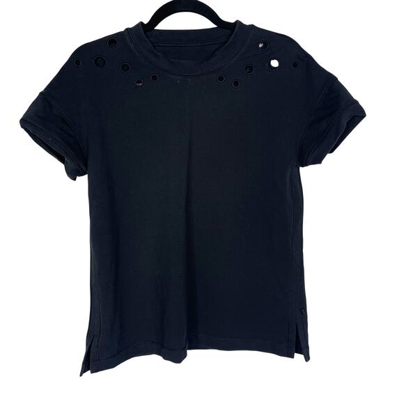 lululemon athletica Tops - Lululemon Womens 4 Black Space Tee Eyelet Short Sleeve Terry Sweatshirt Rare HTF